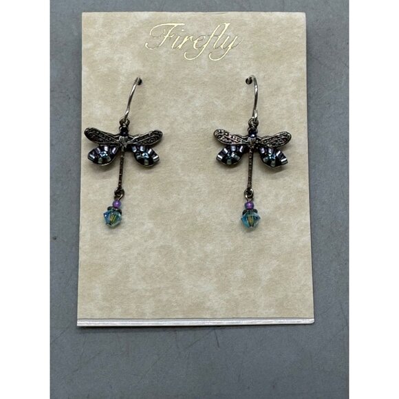 Dragonfly Drop Earrings With Crystals By Firefly 6625 AQ Aqua pierced READ - Picture 2 of 5